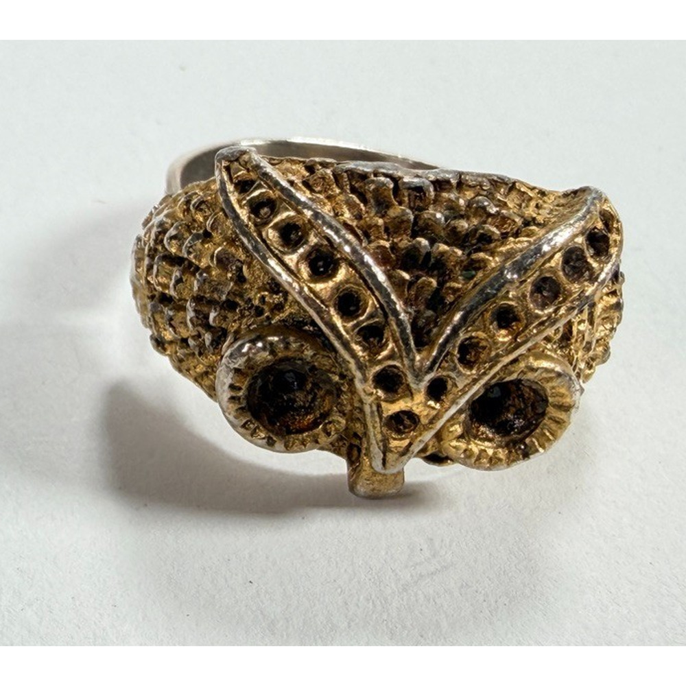 Vintage Owl Head Ring Gold Tone Rhinestone Adjustable Statement